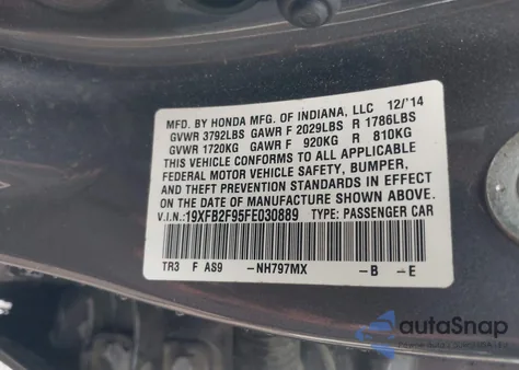 2015 Honda Civic Ex-L z USA, uszkodzony, nr VIN 19XFB2F95FE030889